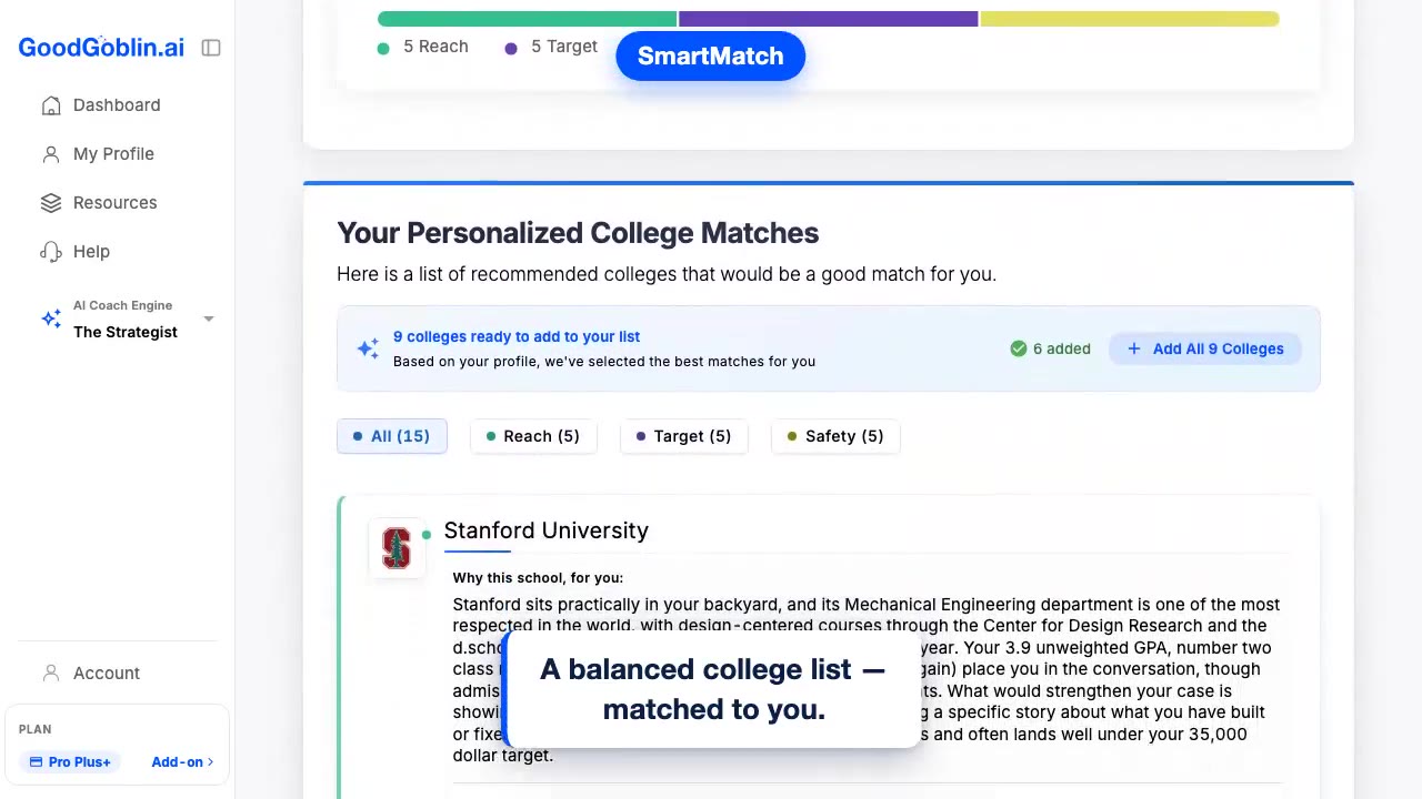 GoodGoblin Product Walkthrough — Blank Profile to College List